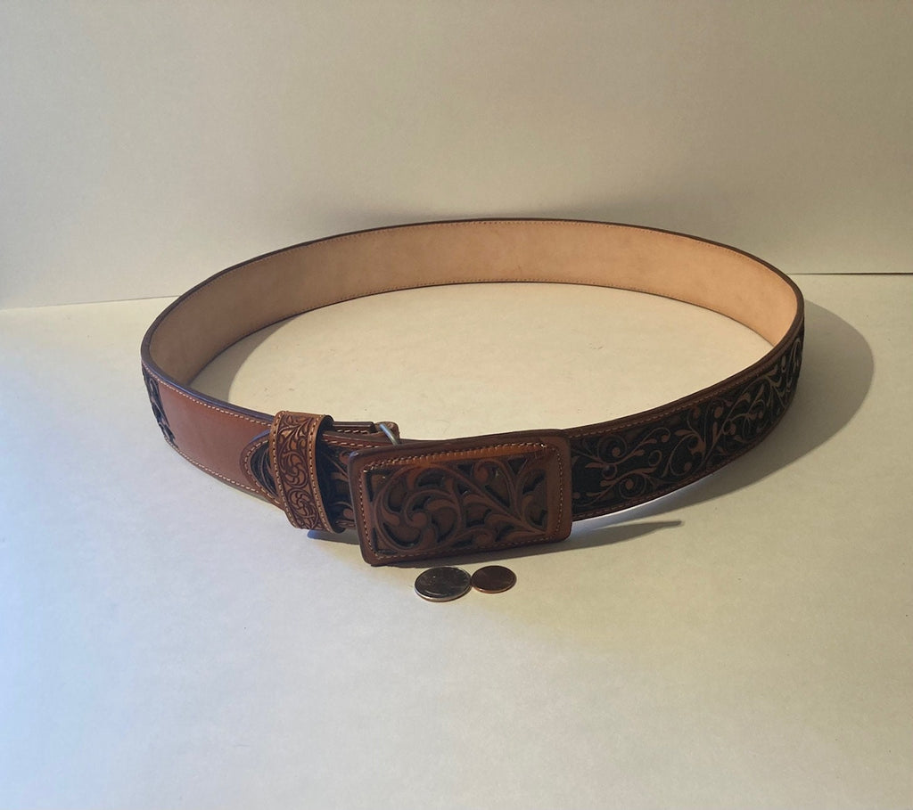 Vintage Leather Belt and Buckle, Leather, Hand Tooled, Nice, Belts, Quality, Hand Made in Mexico, Size 41 to 45, Country and Western