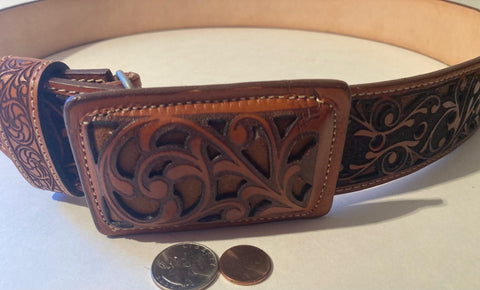 Vintage Leather Belt and Buckle, Leather, Hand Tooled, Nice, Belts, Quality, Hand Made in Mexico, Size 41 to 45, Country and Western