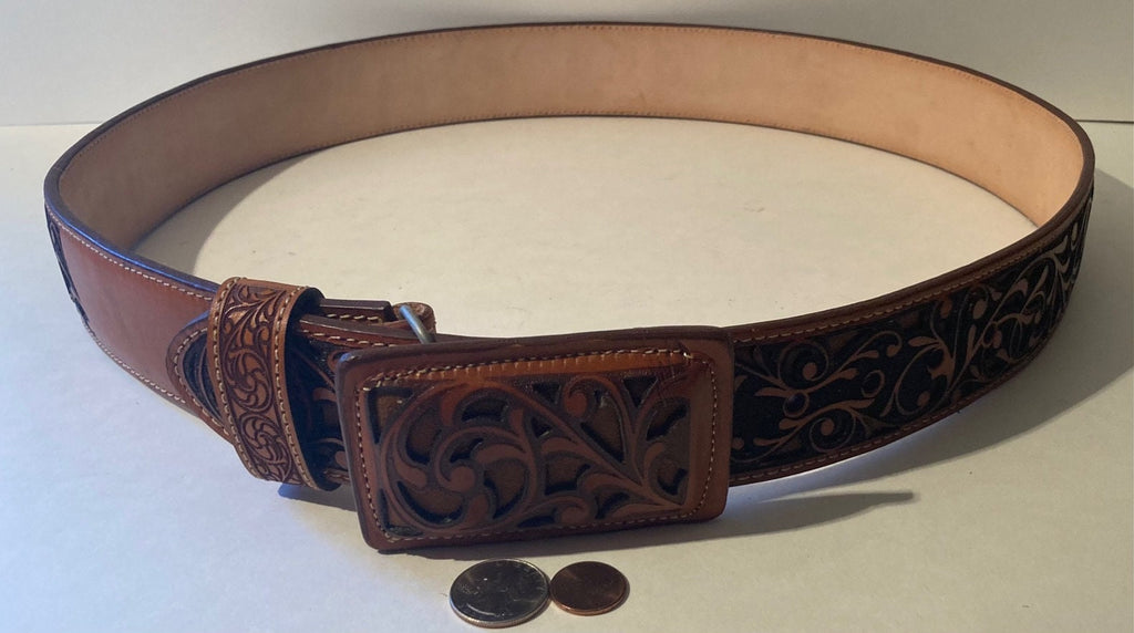Vintage Leather Belt and Buckle, Leather, Hand Tooled, Nice, Belts, Quality, Hand Made in Mexico, Size 41 to 45, Country and Western