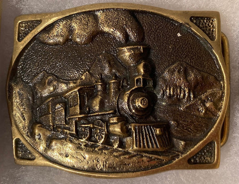 Vintage 1976 Metal Belt Buckle, Brass, American Train, Steam Engine, Locomotive, Heavy Feel, Country & Western, 3 1/4" x 2 1/2", Made in USA