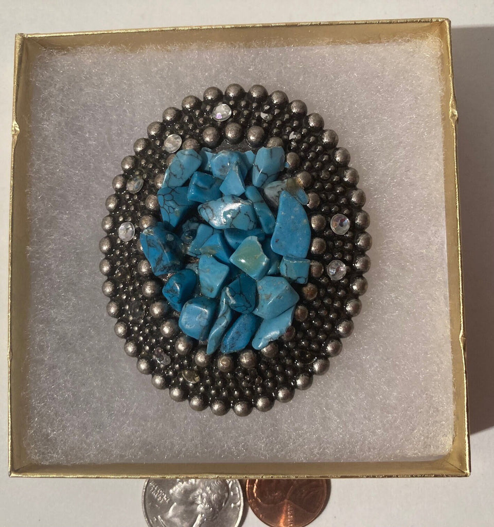 Vintage Metal Belt Buckle, Blue Stones, 2 1/4" x 2 3/4", Country and Western, Heavy Duty, Quality, Western Wear, Made in USA, Fun