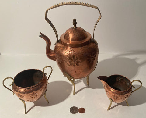 Vintage Copper and Brass Metal Tea Set, Quality, Heavy Duty, Really Nice Design, 11" Tall, Kitchen Decor, Table Display, Shelf Display