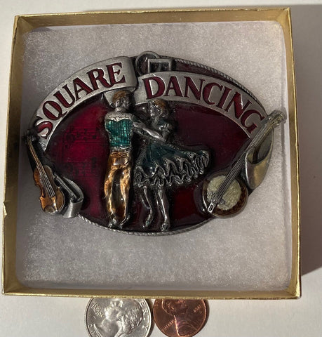 Vintage 1985 Metal Belt Buckle, Square Dancing, Banjo, Fiddle, Enamel, Quality, Thick Metal, Made in USA, 3" x 2 1/2", For Belts, Fashion