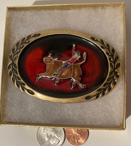 Vintage 1980 Metal Belt Buckle, Bull Riding, Red Enamel, Aminco, 3 1/2, x 2 1/4", Thick Metal, Quality, Made in USA, Country and Western