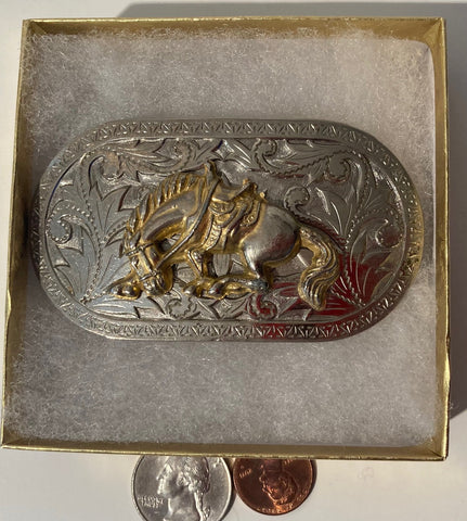 Vintage Metal Belt Buckle, Horse, 3 1/2" x 1 3/4", Heavy Duty, Quality, Thick Metal, Made in USA, For Belts, Fashion, Shelf Display