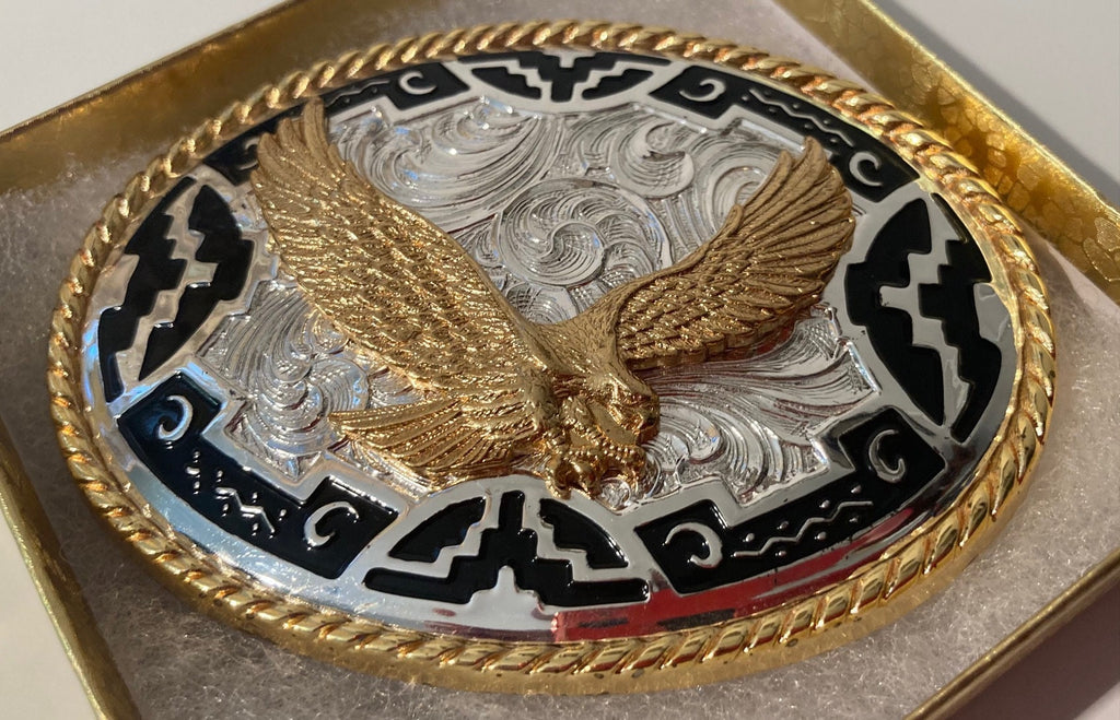 Vintage Metal Belt Buckle, Eagle, Silver Gold and Black, 3 1/2" x 2 3/4", Heavy Duty, Quality, Thick Metal, For Belts, Fashion