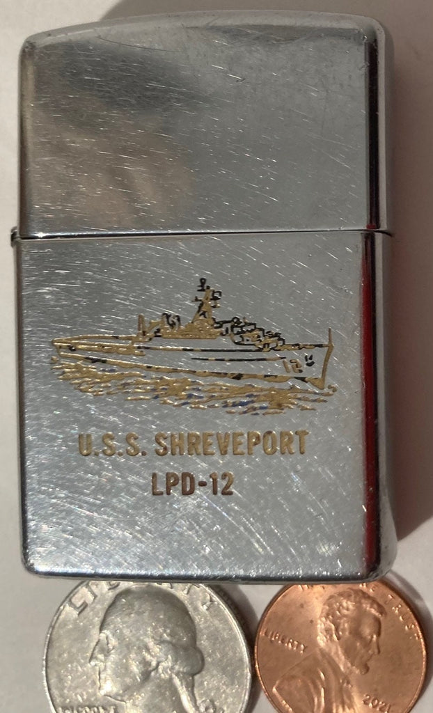 Vintage Metal Zippo Lighter, USS Shreveport (LPD-12), Amphibious Transport Dock Ship, Navy, Command, Zippo, Made in USA, Cigarettes, More