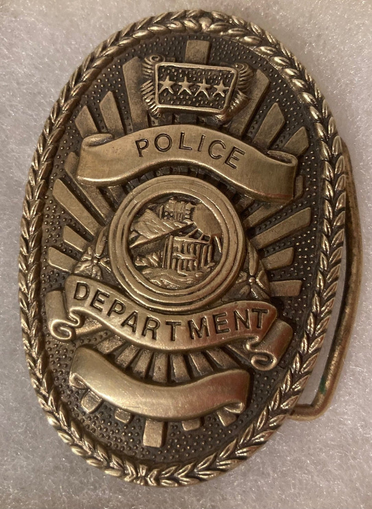 Vintage 1979 Metal Belt Buckle, Brass, Police Department,  2", x 2", Quality, Country and Western, Heavy Duty, Fashion, Belts, Shelf Display