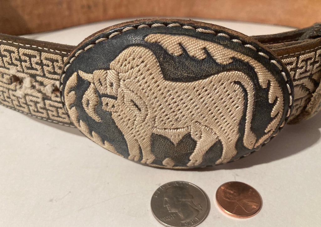 Vintage Leather Heavy Duty Belt and Buckle, Bull, Size 33 to 39, Country and Western, Western Attire, Hand Tooled, Nice Heavy Duty Quality