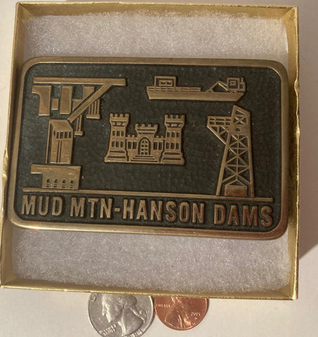 Vintage 1984 Metal Belt Buckle, Brass, Mud Mountain Hanson Dams, Heavy Duty, Quality, Thick Metal, Made in USA, 3 1/2" x 2 1/4", For Belts