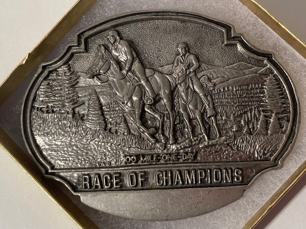 Vintage Metal Belt Buckle, The Race of Champions, Horse Racing, 100 Mile One Day Race, San Luis Obispo, Country & Western, 3 1/2" x 2 3/4"