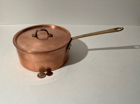 Vintage Metal Copper and Brass Cooking Pot, Pan, with Lid, 13" Long and  6 1/2" x 3" Pot Size, Kitchen Decor, Hanging Display, Shelf Display