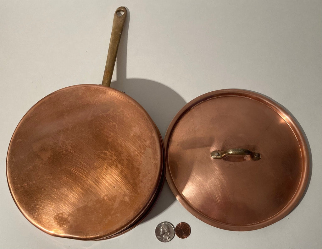 Vintage Metal Copper and Brass Cooking Pot, Pan, with Lid, 13 1/2" Long and  7 1/4" x 2" Pot Size, Kitchen Decor, Hanging Display