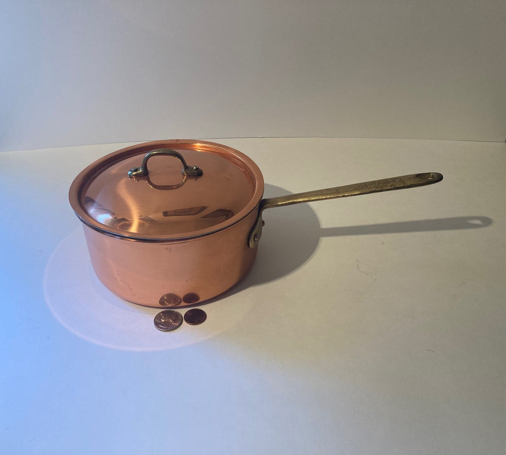 Vintage Metal Copper and Brass Cooking Pot, Pan, with Lid, 13" Long and  6 1/2" x 3 1/4" Pot Size, Made in Portugal, Kitchen Decor