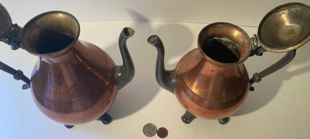 Set of 2 Copper and Silver Teapots, Kettles, Coffee, Pewter, Quality, Heavy Duty, Silver On Copper, Bigger One is 10" x 7 1/2", Nice