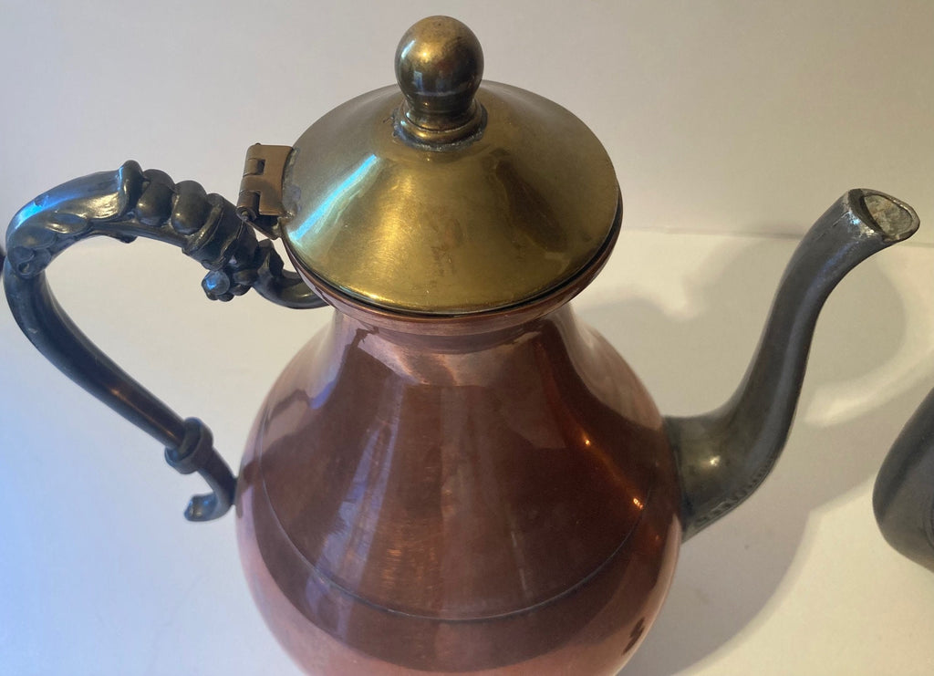 Set of 2 Copper and Silver Teapots, Kettles, Coffee, Pewter, Quality, Heavy Duty, Silver On Copper, Bigger One is 10" x 7 1/2", Nice