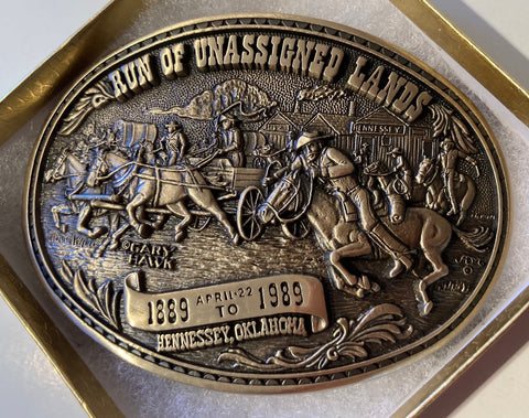 Vintage 1989 Metal Belt Buckle, Run Of Unassigned Lands, Hennessey, Oklahoma, Heavy Duty, Quality, Thick Metal, Made in USA