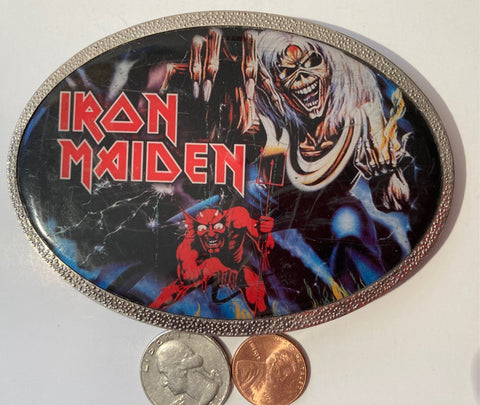 Vintage Metal Belt Buckle, Iron Maiden, Heavy Metal, Rock, Music, Band, Heavy Duty, Quality, Thick Metal, Made in USA, 4" x 3", For Belts