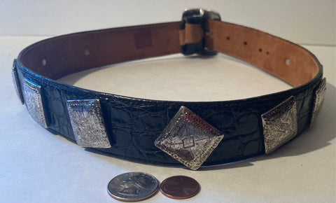 Vintage Black Leather Belt and Buckle, Silver Square Conchos, Hand Tooled, Nice, Belts, Quality, Hand Made in USA, Size 25 to 29, Country