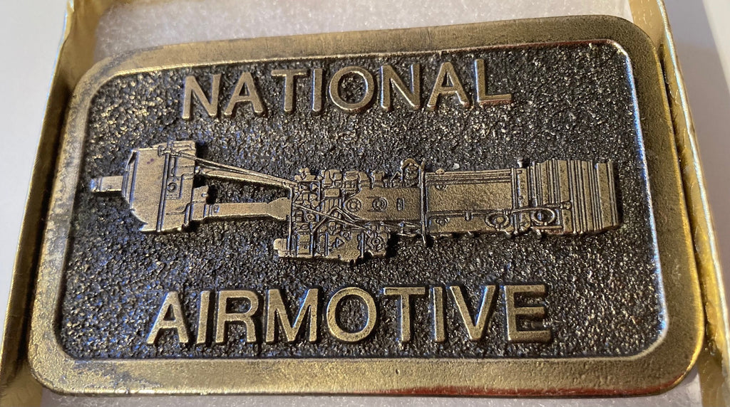 Vintage Metal Belt Buckle, National Airmotive, Rolls Royce Engines, Heavy Duty, Quality, Thick Metal, Made in USA, 3 1/2" x 2 1/4"