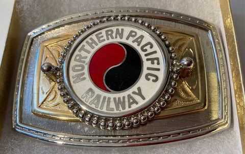 Vintage Metal Belt Buckle, Northern Pacific Railway, Train, Heavy Duty, Quality, Thick Metal, Made in USA, 3 1/2" x 2 1/2", For Belts