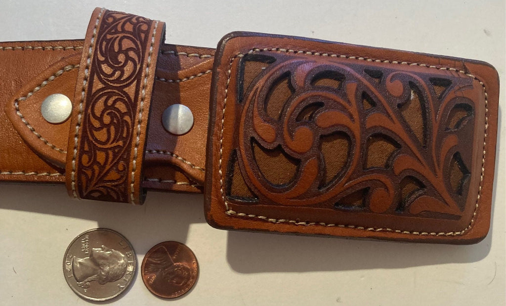 Vintage Leather Belt and Buckle, Leather, Hand Tooled, Nice, Belts, Quality, Hand Made in Mexico, Size 41 to 45, Country and Western