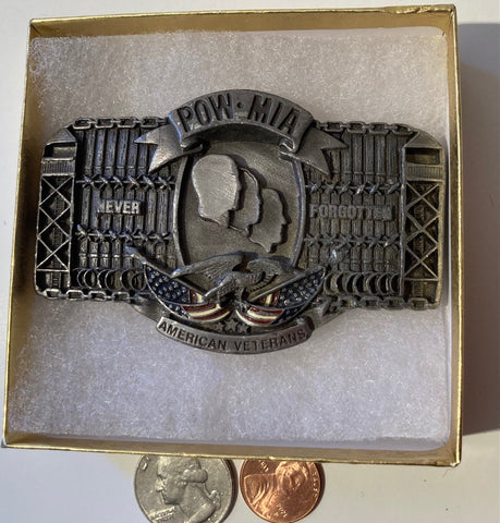 Vintage 1988 Metal Belt Buckle, POW-MIA, American Veterans, Military, Heavy Duty, Quality, Thick Metal, Made in USA, 3 1/2" x 2 1/4"