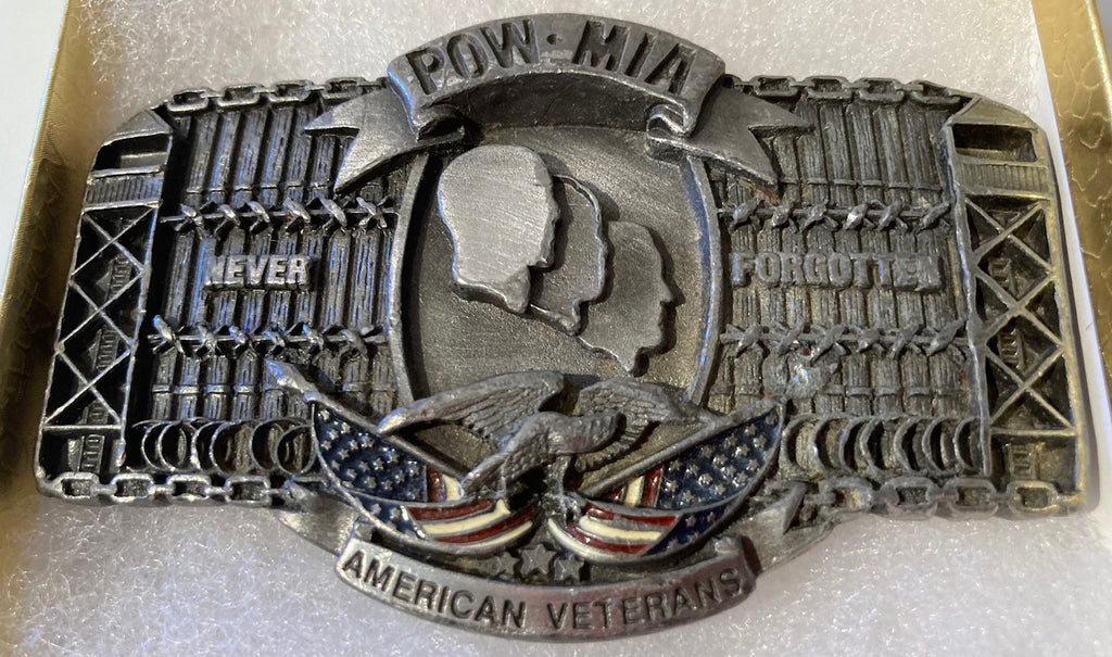 Vintage 1988 Metal Belt Buckle, POW-MIA, American Veterans, Military, Heavy Duty, Quality, Thick Metal, Made in USA, 3 1/2" x 2 1/4"