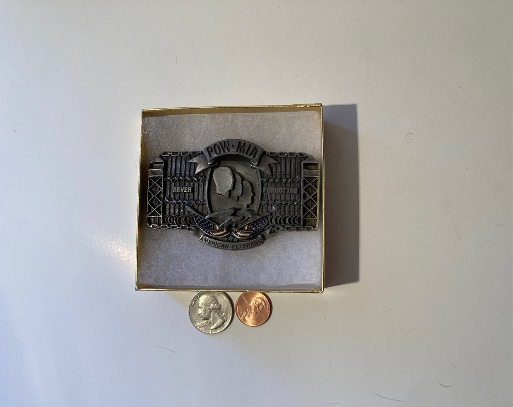 Vintage 1988 Metal Belt Buckle, POW-MIA, American Veterans, Military, Heavy Duty, Quality, Thick Metal, Made in USA, 3 1/2" x 2 1/4"