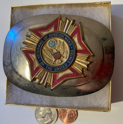 Vintage Metal Belt Buckle, VFW, Veterans of Foreign Wars, Military, Heavy Duty, Quality, Thick Metal, Made in USA, 3 3/4" x 2 3/4"