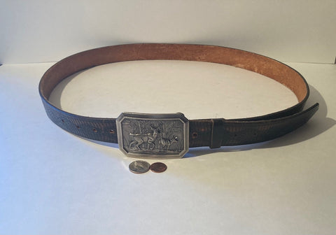 Vintage Leather Belt and Buckle, 1976 Buckle, Deer, Wildlife, Hand Tooled, Nice, Belts, Quality, Hand Made in Mexico, Size 48 to 58, Country