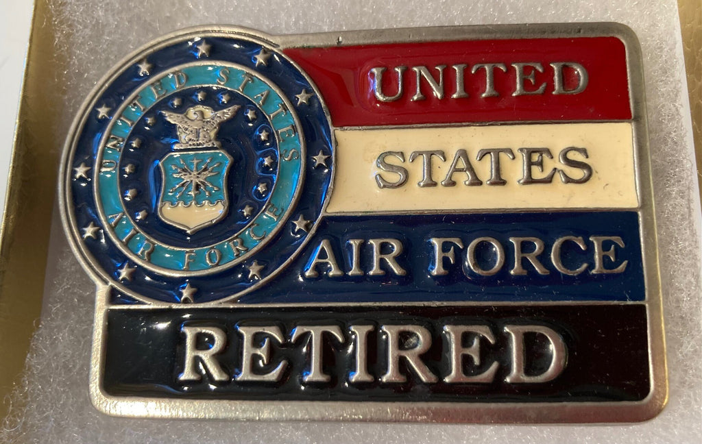 Vintage Metal Belt Buckle, United States Air Force Retired, Military, Heavy Duty, Quality, Thick Metal, Made in USA, 3" x 2 1/4"
