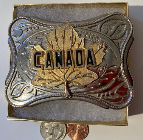 Vintage Metal Belt Buckle, Canada, Maple Leaf, Heavy Duty, Quality, Thick Metal, Made in USA, 4" x 2 3/4", For Belts, Fashion