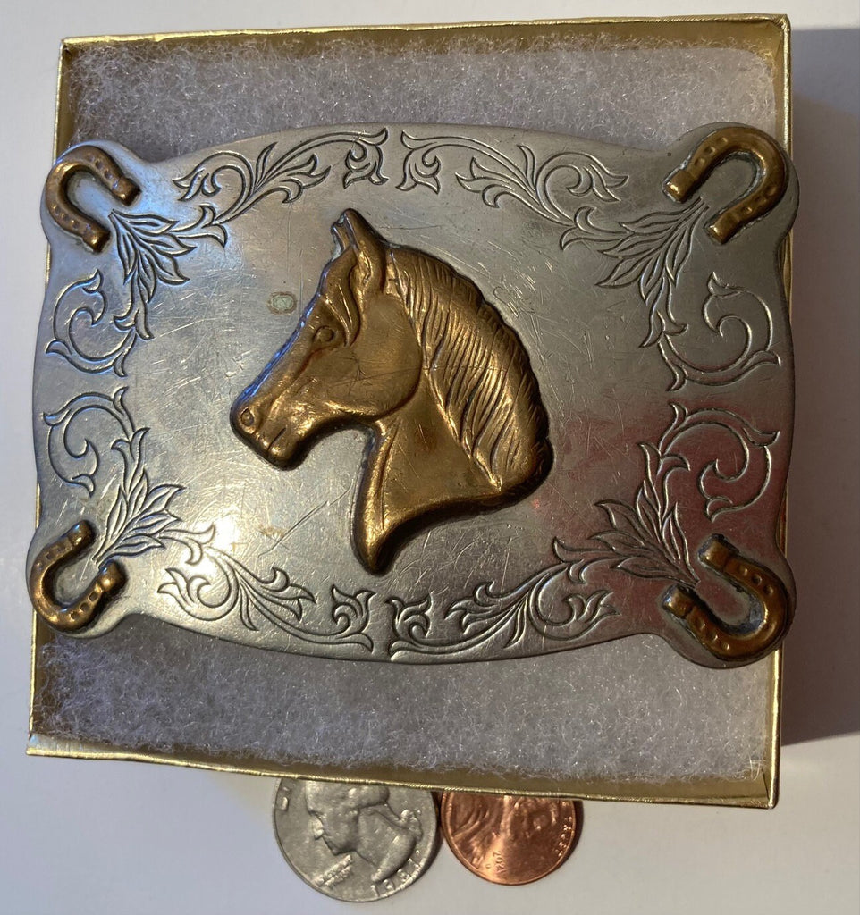 Vintage Metal Belt Buckle, Nickel Silver, Horse Heard, Horse Shoes, Heavy Duty, Quality, Thick Metal, Made in USA, 3 1/2" x 2 1/2"