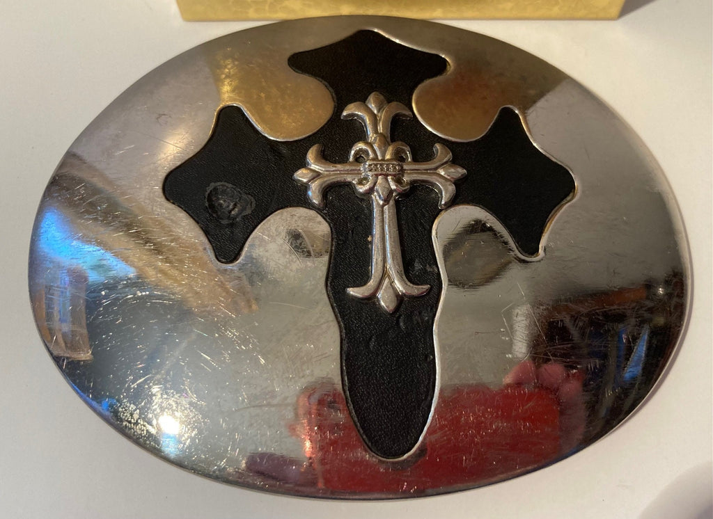 Vintage Metal Belt Buckle, Silver and Black Leather, Cross, Crucifix, Big Size, Heavy Duty, Quality, Thick Metal, Made in USA