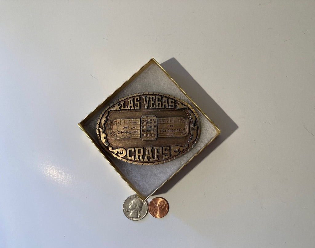 Vintage 1983 Metal Belt Buckle, Brass, Las Vegas Craps, , Heavy Duty, Quality, Thick Metal, 3 3/4" x 2 3/4", For Belts, Made in USA, Fashion