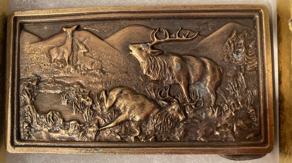 Vintage 1977 Metal Belt Buckle, Brass, Deer, Buck, Fighting, Country & Western, 3 1/2" x 2", Made in USA, Quality, Heavy Duty, Fashion