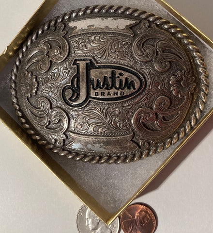 Vintage Metal Belt Buckle, Justin, Western Wear, Cowboy, Country and Western, 4" x 3", Heavy Duty, Quality, Made in USA, Clothing Accessory