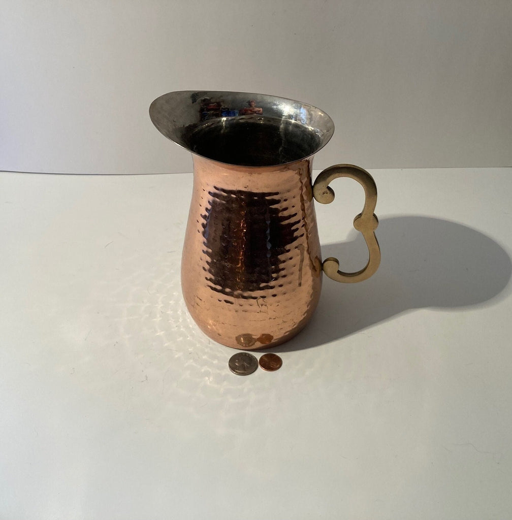 Vintage Metal Copper and Brass Serving Pitcher, Hammered Metal, 8" Tall, Serving Pitcher, Kitchen Decor, Table Display, Shelf Display