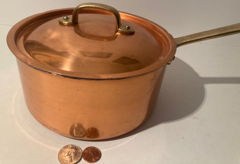 Vintage Metal Copper and Brass Cooking Pot, Pan with Lid, Heavy Duty, Quality, Made in Portugal, 14" Long and 7 1/2" x 3 1/2" Pot Size