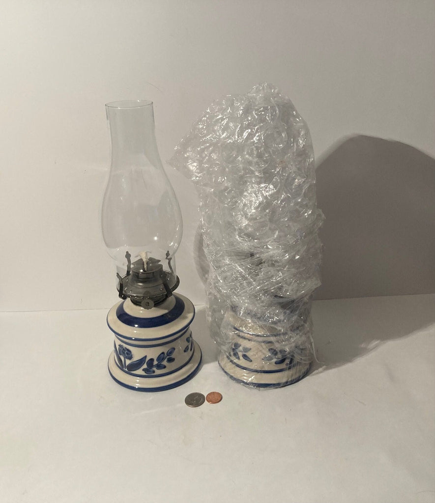 2 Vintage Ceramic Pottery Oil Lamps, Lamplighter Farms, USA, Blue and White, 13 1/3" x 5", Quality, Heavy Duty, Never Used, Lighting
