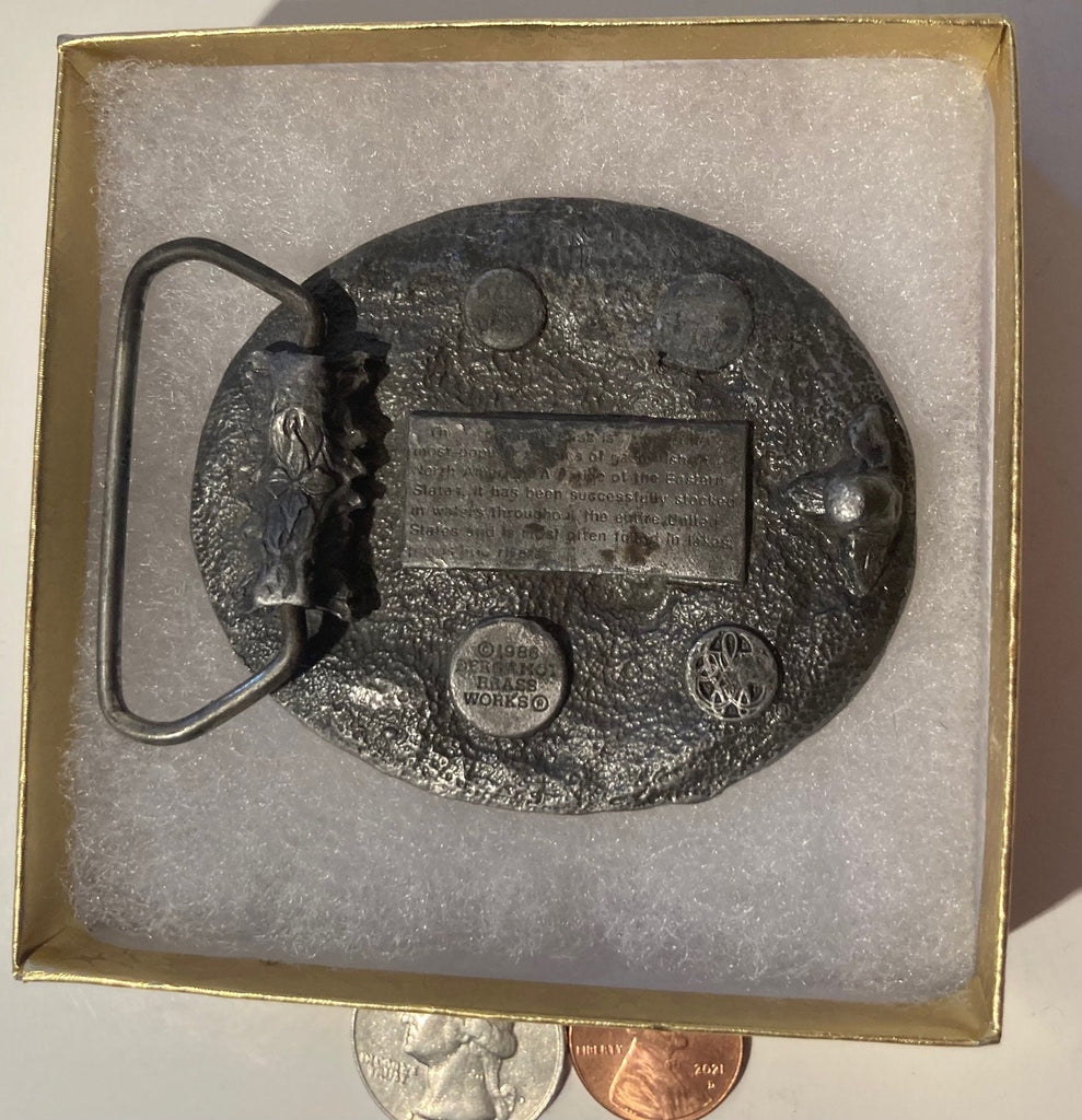 Vintage 1988 Metal Belt Buckle, Bass Fishing, Big Mouth Bass, Heavy Duty, Quality, Thick Metal, 2 3/4" x 2 1/4", For Belts, Made in USA