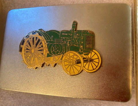 Vintage Metal Belt Buckle, John Deere, Tractor, Steel Wheels, 3 1/4" x 2 1/4", Heavy Duty, Quality, Made in USA, Thick Metal, For Belts