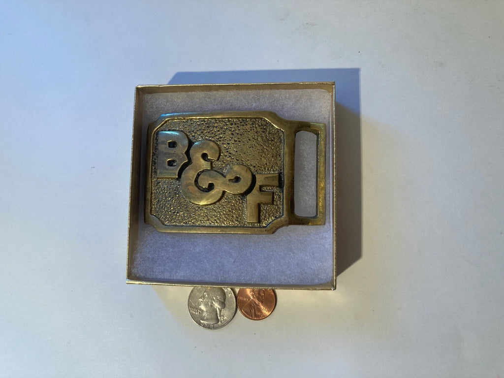 Vintage Metal Belt Buckle, Brass, B & F, 3" x 2 1/4", Heavy Duty, Quality, Thick Metal, Made in USA, For Belts, Fashion, Shelf Display