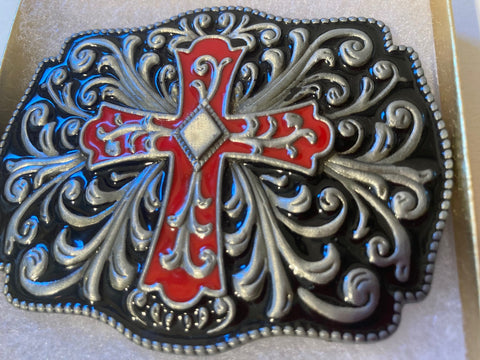 Vintage Metal Belt Buckle, Cross, Crucifix, Red Enamel, 3 1/2" x 2 1/2", Heavy Duty, Quality, Thick Metal, Made in USA, For Belts, Fashion