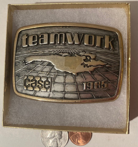 Vintage 1985 Metal Belt Buckle, Teamwork, Case, Farming, Tractor, Farmers, 3 1/2" x 2 1/2", Heavy Duty, Quality, Thick Metal, Made in USA