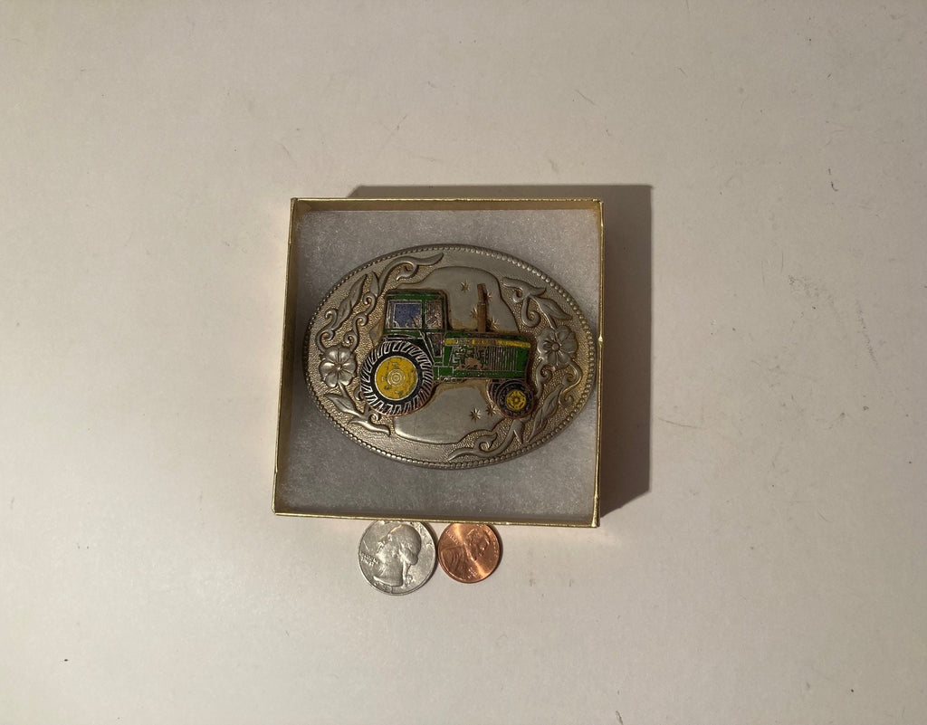 Vintage Metal Belt Buckle, John Deere, Tractor, Farming, Farmers, 3 1/2" x 2 1/2", Heavy Duty, Quality, Thick Metal, Made in USA, For Belts