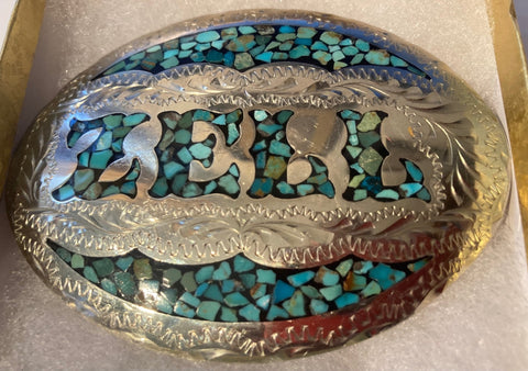 Vintage 1993 Metal Belt Buckle, Zell, Silver and Turquoise, Special Made Belt Buckle, 3 1/2, x 2 1/2", Quality, Made in USA, Country