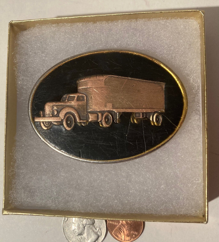 Vintage Metal Belt Buckle, Brass, Thick, Semi Truck, Truck Driving, Trucking, 3" x 2", Heavy Duty, Quality, Thick Metal, Made in USA