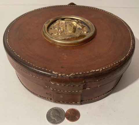 Vintage Leather Container, Box, Very Thick Quality Leather, Antique Lady Emblem, 7 1/2" X 2 1/2", Quality, Heavy Duty, Western, Storage Box